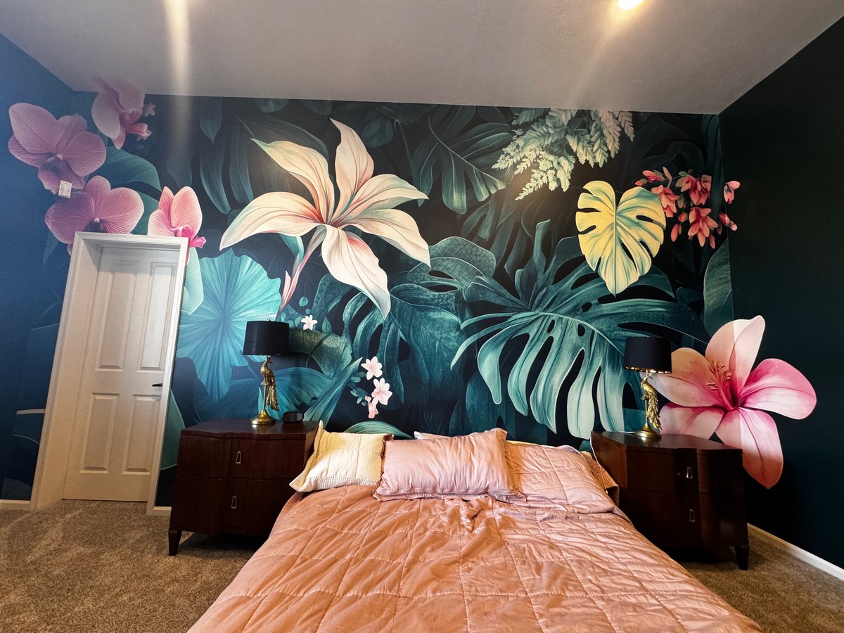 Custom floral mural by Muzeo Art Foundry professionally installed on accent wall