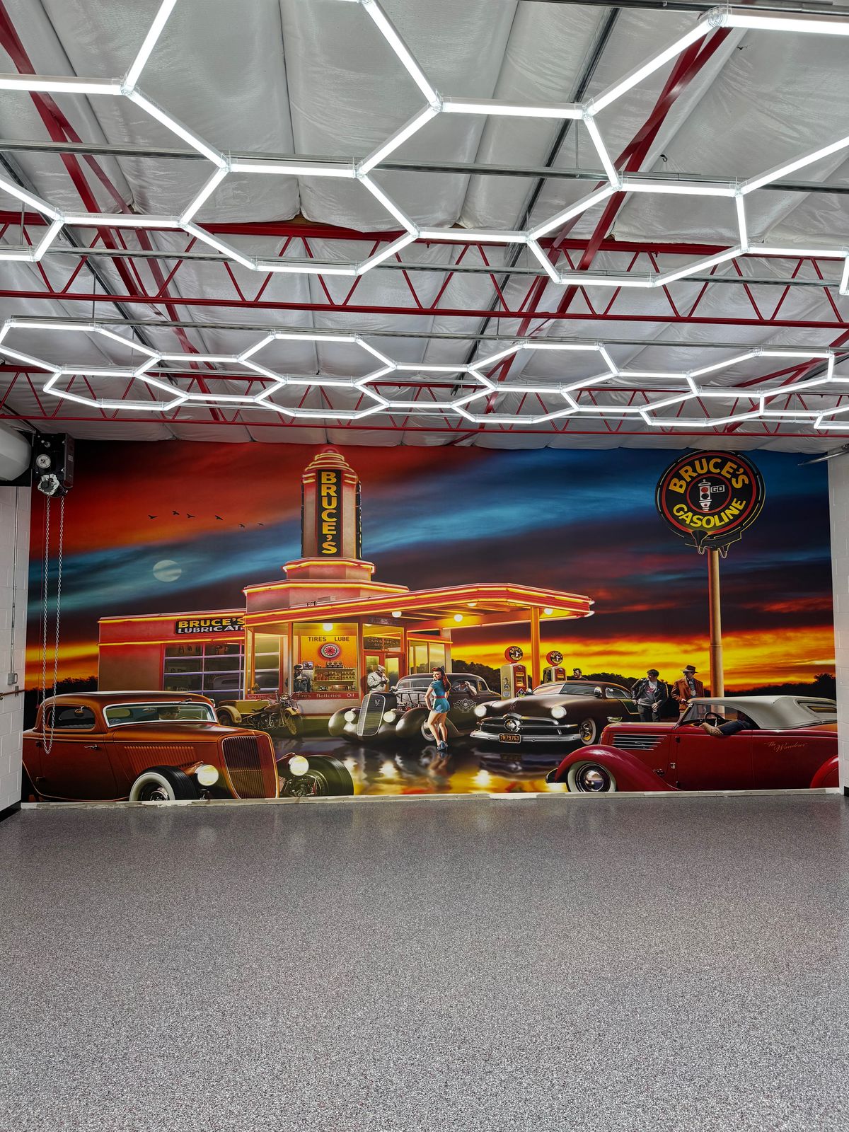 Bruce's Classic Car custom mural installation in commercial garage