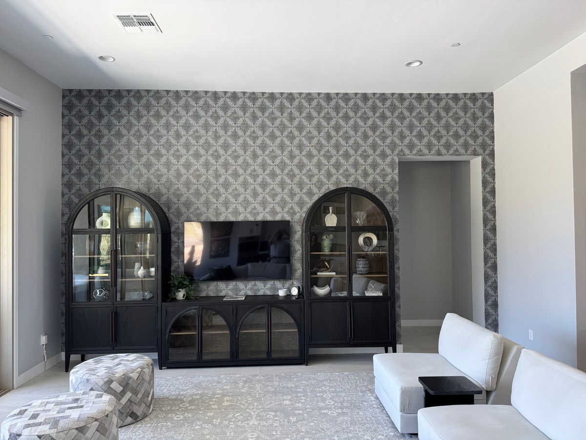 Dark diamond wallpaper professionally installed on TV accent wall
