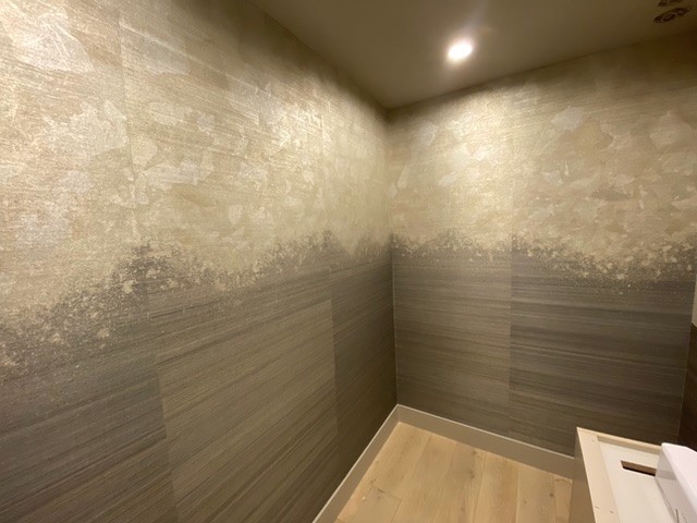 Horsehair grasscloth with gold ombre installed in powder bath